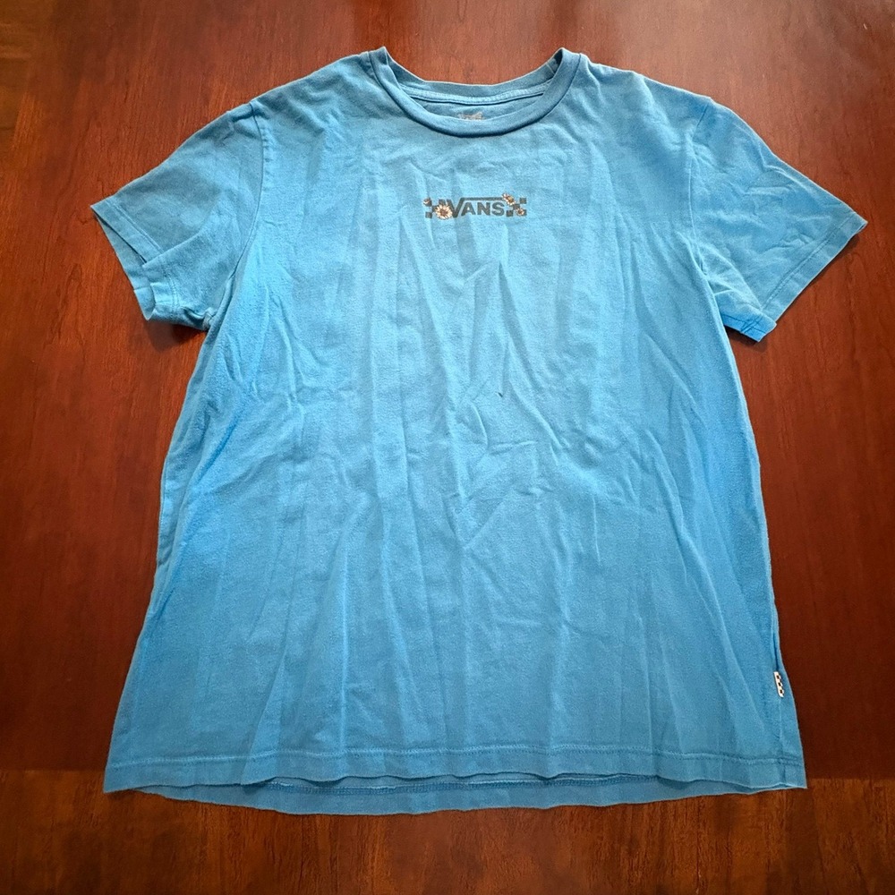 Vans Blue Daisy Checkerboard Graphic T-Shirt Medium Skater Floral Tee‎